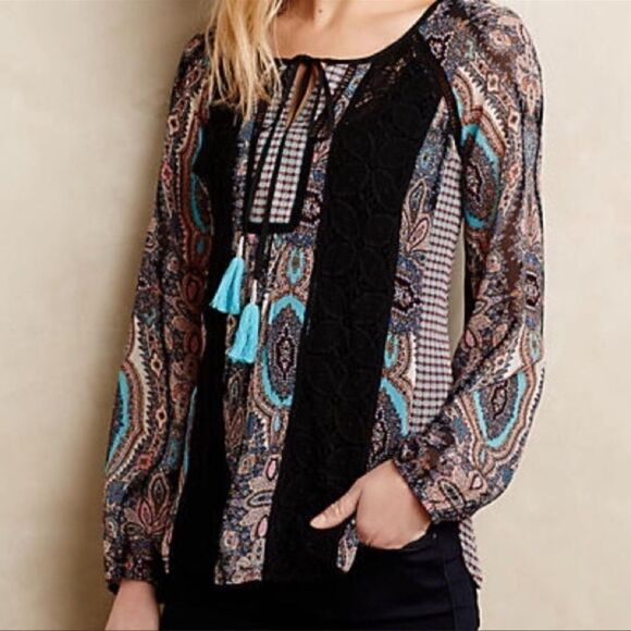 Anthropologie Meadow Rue Giada Long Sleeve Crochet print Top M - Picture 1 of 7